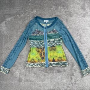 Boho Zip Up Cardigan Size S Emma G Mixed Media Sweater Blue Green Fairy